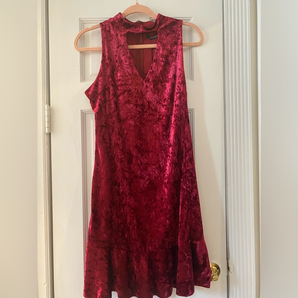 Red velour cocktail dress with cutout